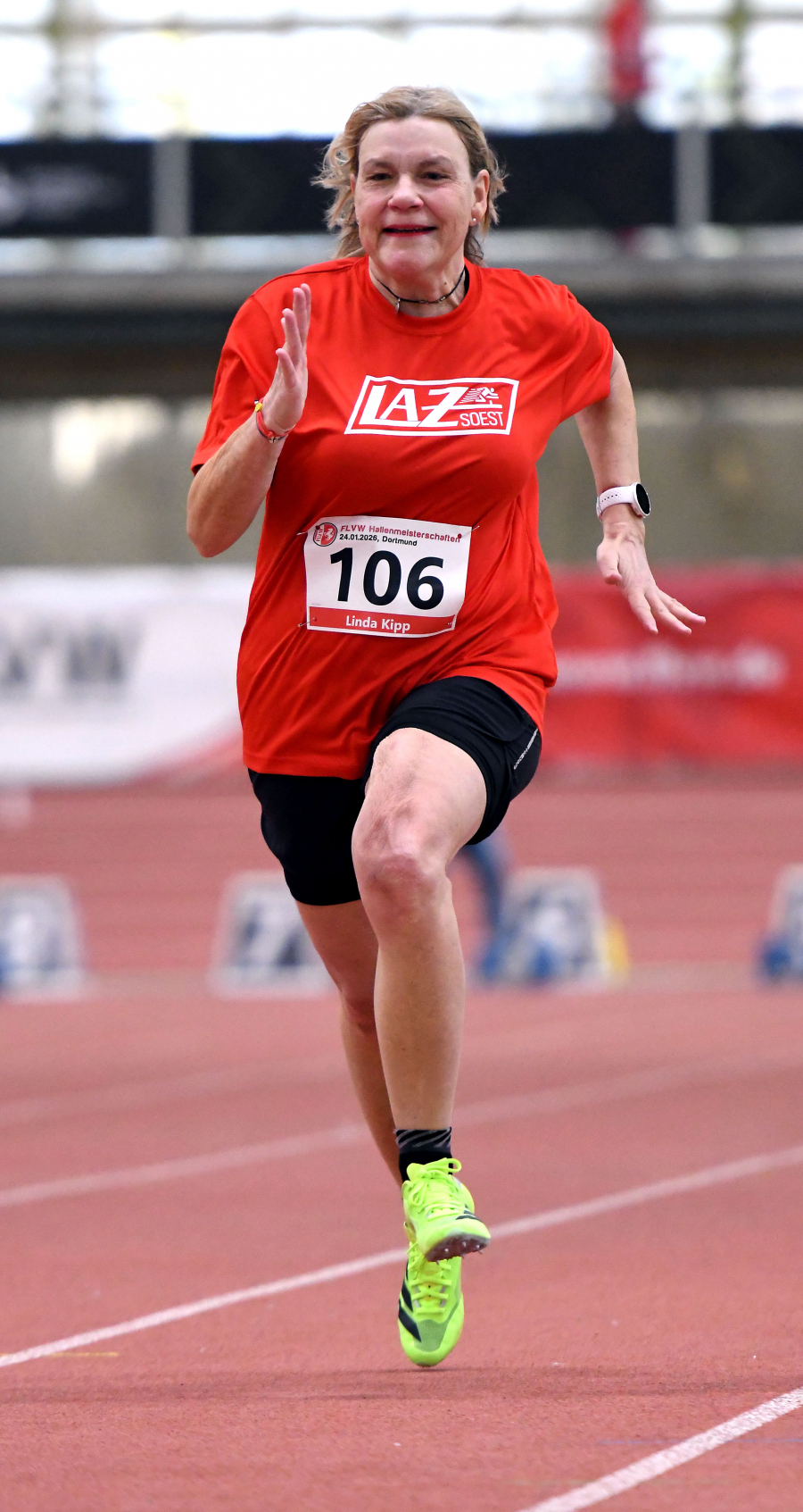 Linda Kipp vom LAZ Soest wurde in der W60 &uuml;ber 60 Meter Westf&auml;lische Hallenmeisterin. Foto: Bottin