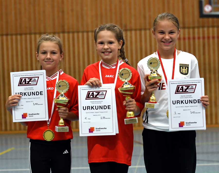 Die drei Erstplatzierten bei den Mädchen des Jahrgangs 2013 (von links): Luisa Draxler (Wiese, 2.), Siegerin Isabella Reichenbecher (Petri) und Kamila Jonczyk (Astrid-Lindgren, 3.). Foto: Bottin